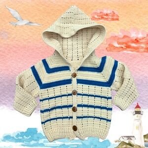 Handmade Boy's Sweater‎ Size 6 Cream Blue Stripe Hood Crochet Nautical Button